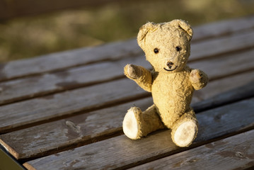 Smiling retro toy bear sitting on the wood
