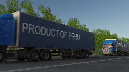 Moving freight semi trucks with PRODUCT OF PERU caption on the trailer. Road cargo transportation. 3D rendering