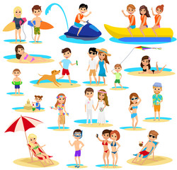 People on the beach set. Summer vacation. The cartoon style. Isolated on white background. Vector illustration.