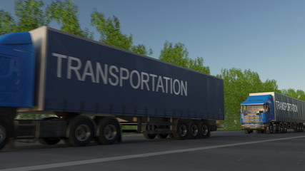 Fototapeta na wymiar Speeding freight semi truck with TRANSPORTATION caption on the trailer. Road cargo transportation. 3D rendering