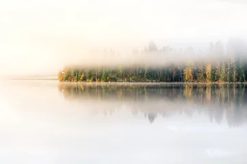 Aluminium Prints Morning with fog Scenic landscape with lake and fall colors at morning light