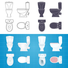 Toilet bowl silhouette. Front, side and top view.