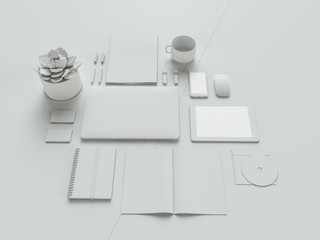 Grey and isolated office supplies with attributes furniture for office. 3D illustration.