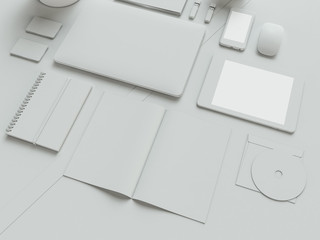 Grey and isolated office supplies with attributes furniture for office. 3D illustration.