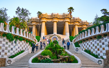 Park Guell Architecture Details of Gaudi Entrance. - obrazy, fototapety, plakaty