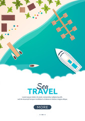 Summer travel banner. Sea travel. Summer time. Hello Summer. Cruise to paradise. Beach, sea and ship.