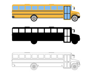 Set of Flat School Bus icon. Cartoon, Outline, Silhouette Vector illustration