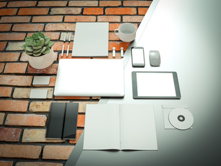 Office supplies with attributes and furniture for office on grey and brick background. 3D illustration.