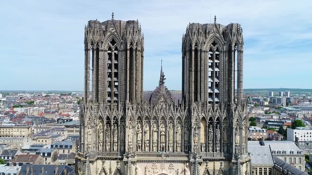 France, Marne, Reims, Aerial view of Notre-Dame de Reims cathedral, listed as World Heritage by UNESCO