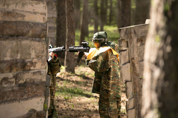 GOMEL, BELARUS - May 15, 2017: Children and adults play the collective game LASERTAG in the open air.