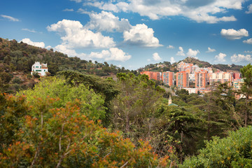 Barcelona, Spain - April 19, 2016: Panoramic view on Casa Trias e Domenech in Park Guell, designed by Antoni Gaudi