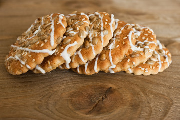 Cookies on rustic wooden  table. Dessert with  sesame and Sunflower seeds