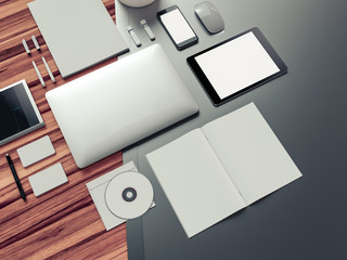 Office supplies with attributes and furniture for office on grey and wooden background. 3D illustration.