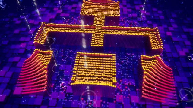 Camera flies over cubic pixels as they form an icon of flowchart diagram blue background
