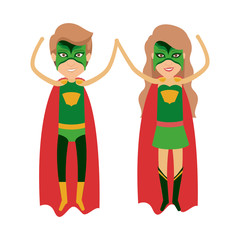 colorful silhouette with couple of superheroes flying vertically and without contour vector illustration