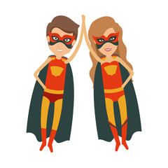 colorful silhouette with couple of superheroes flying and holding hands and without contour vector illustration