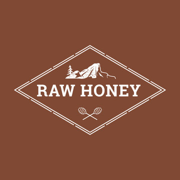 Label for natural honey in retro style. Illustration of crossed spoons for honey and pine growing on rocks. Concept for organic farm products. EPS10.