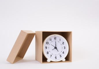 Circle clock in a box on white background