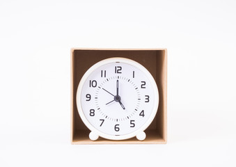 Circle clock in a box on white background