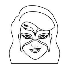 monochrome silhouette with woman superhero with long wavy hair and mask vector illustration