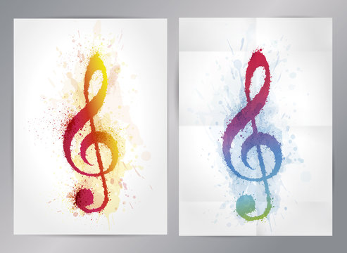 Treble clef illustration with brush strokes and bright colors. Idea of designs for music events.