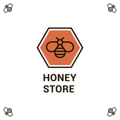 Vector logo template for honey store. Creative logotype. EPS10. Illustration of honeycomb with bee in orange color. Can be used for textile design, design of banners, company identity.