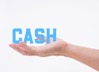 Man hand holding CASH word on white background