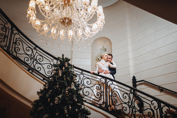 Loving newlyweds gently embrace in a fashionable interior on the stairs. Wedding for Christmas.