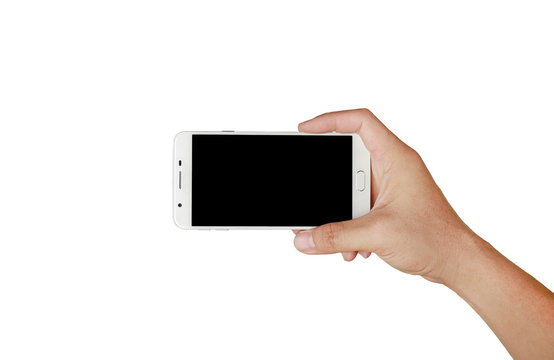 One hand holding mobile smartphone with black screen. Mobile photography concept. Isolated on white.
