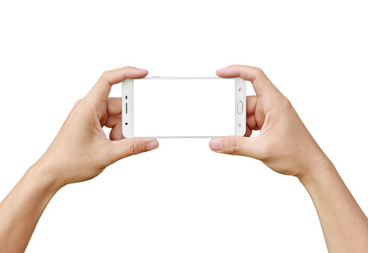 Hand holding mobile smartphone with white screen. Mobile photography concept. Isolated on white.
