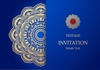 Elegant Save The Date card design. Vintage floral invitation card template. Luxury swirl mandala greeting gold and blue card