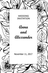 Wedding invitation, black and white, with floral ornamen