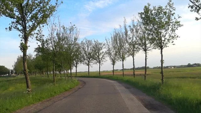 Cycling on a winding country road during a beautiful evening in spring.