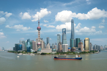 Shanghai skyline panoramic view along Huangpu river at Shanghai Lujiazui Pudong central business center in Shanghai, China.