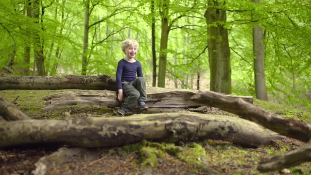 Small Blonde Boy Playing In Forest