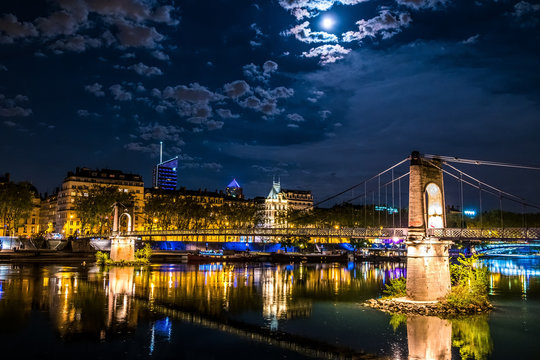 Blue Hour In Passerelle Du College In Lyon With Full Moon