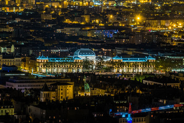 Lyon University along Rhone river at night in Lyon France, university building on the background