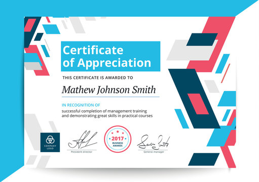 Certificate of appreciation template in modern design. Business diploma layout for training graduation or course completion. Vector background illustration.