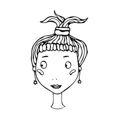 Cute Blonde Girl Head with Ponytail. Young Female Smiling Blushing. Sketch Vector Illustration