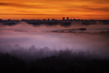 Early foggy morning over the city of Minsk