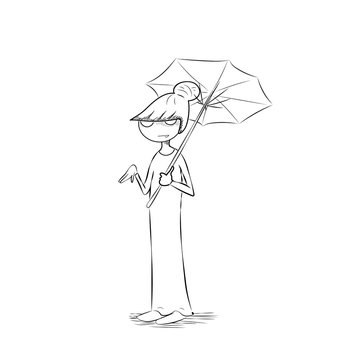 Vector illustration of a japanese geisha, funny girl in maxi dress with umbrella