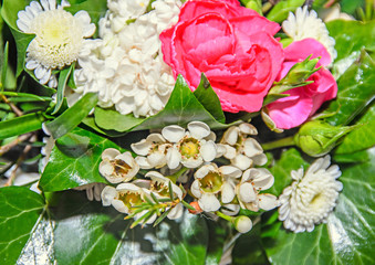 Obraz na płótnie Canvas Floral arrangement with colored flowers roses, iris, chrysanthemums, Carnations, green leafs