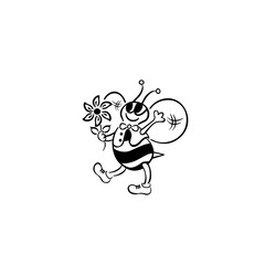 Cute bee cartoon flying while carrying flowers
