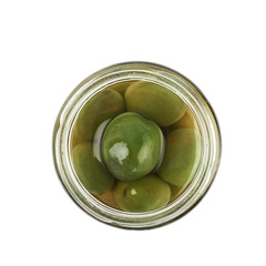 Jar of green olives isolated