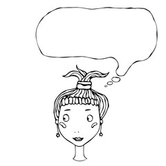 Cartoon Cute Pretty Young Girl Head with Thinking Balloon Vector Illustration