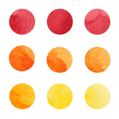 Hand drawn watrcolor circles of red, orange and yellow colors isolated on the white background. Vector.