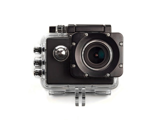 Action camera with case on white background