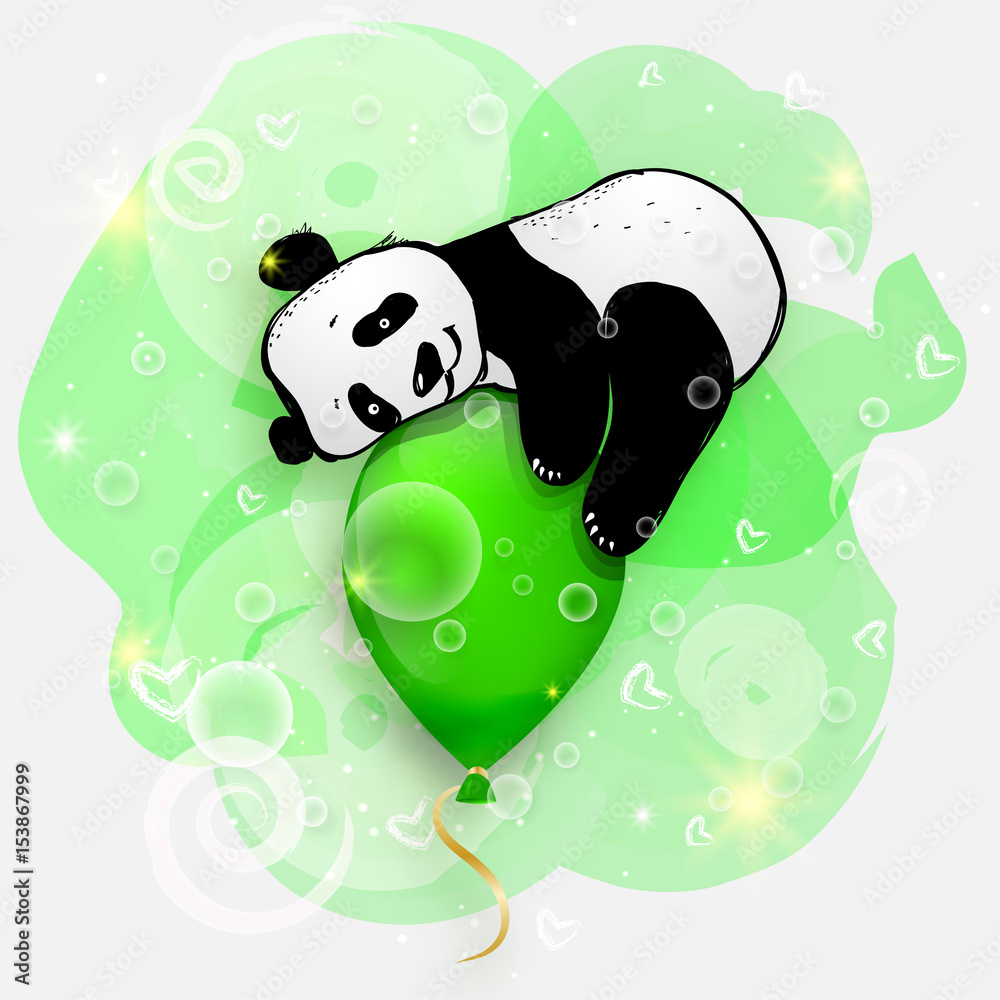 Wall mural cute little panda on green air balloon, birthday card illustration