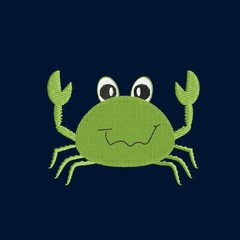 Green crab patch embroidery, vector illustration of sea animal, cute character of uderwater life, decorative element for baby, children clothes, things