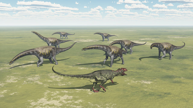Dinosaur Giganotosaurus and group of Argentinosaurus dinosaurs